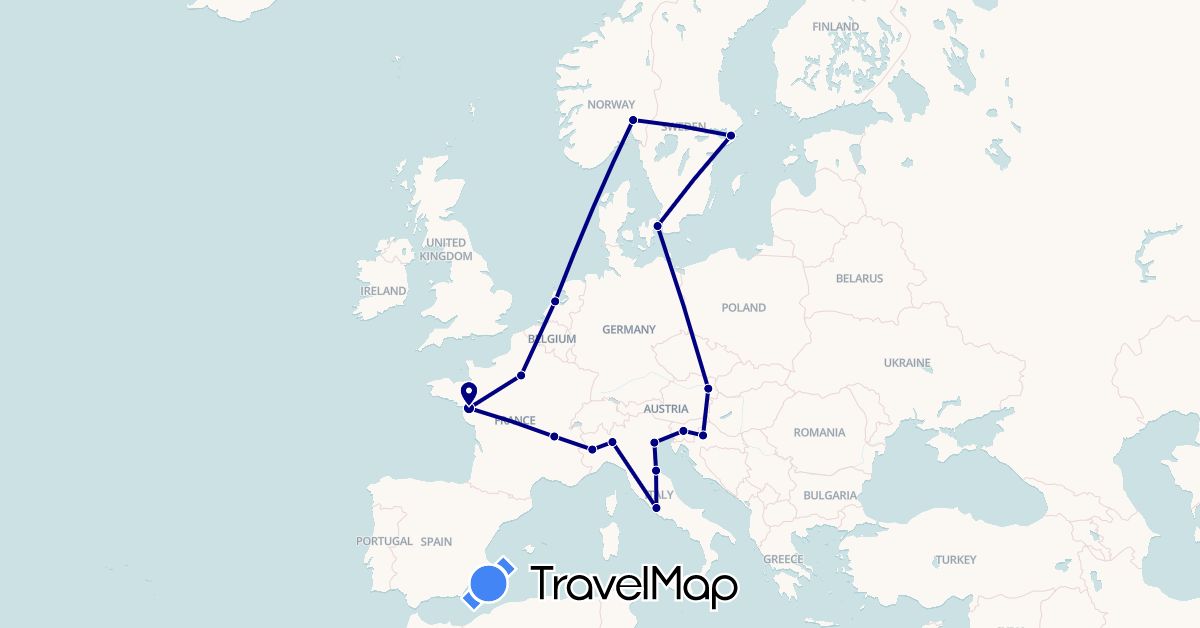 TravelMap itinerary: driving in Austria, Denmark, France, Croatia, Italy, Netherlands, Norway, Sweden, Slovenia, San Marino (Europe)
